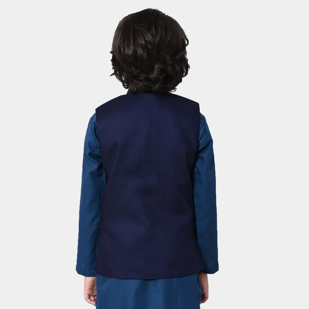 Boys Embroidered Viscose Waist Coat  - Navy Blue