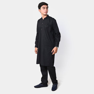 Teens Boys Styling Kurta Pajama Suit - Black