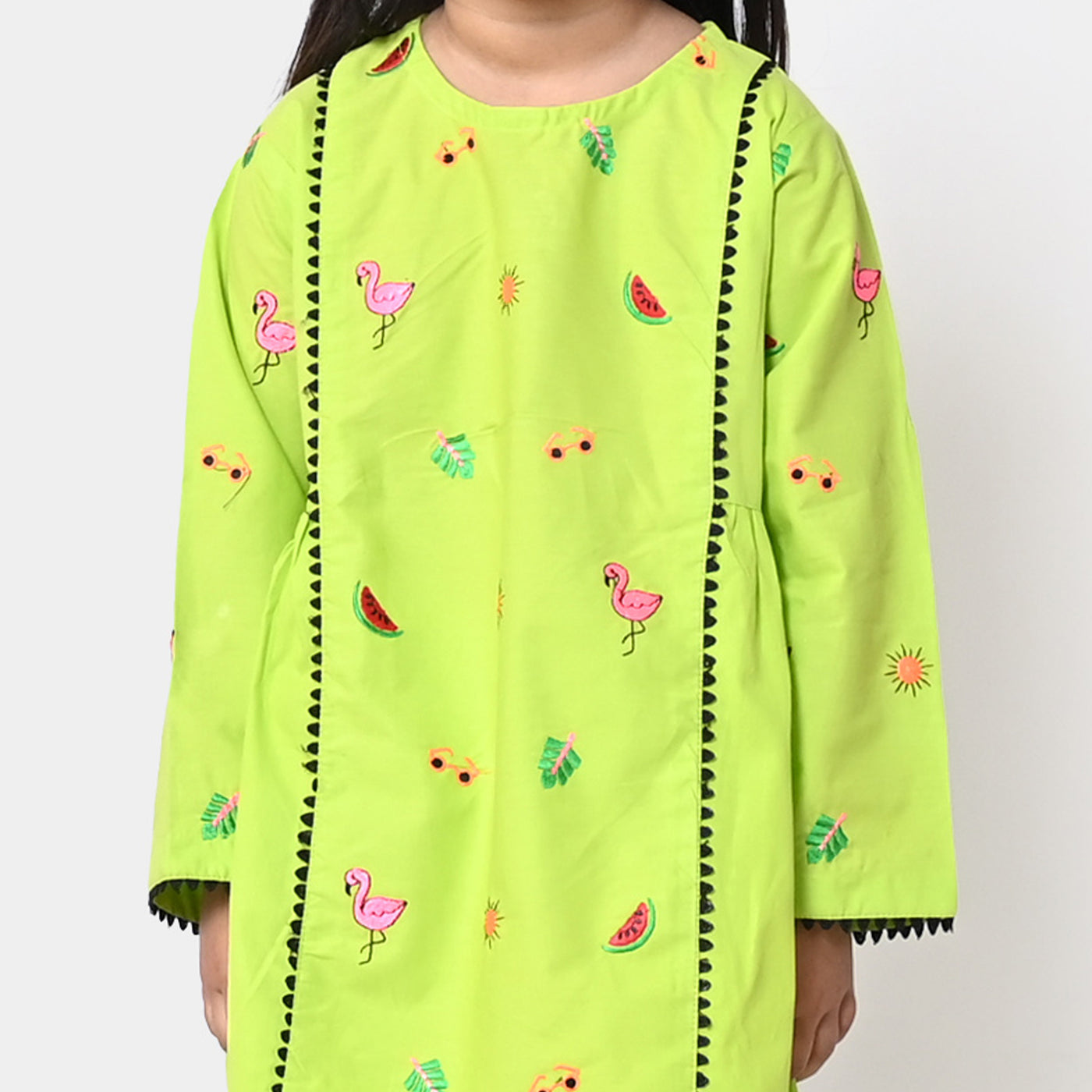 Girls Cotton Embroidered Kurti Trendy - Green