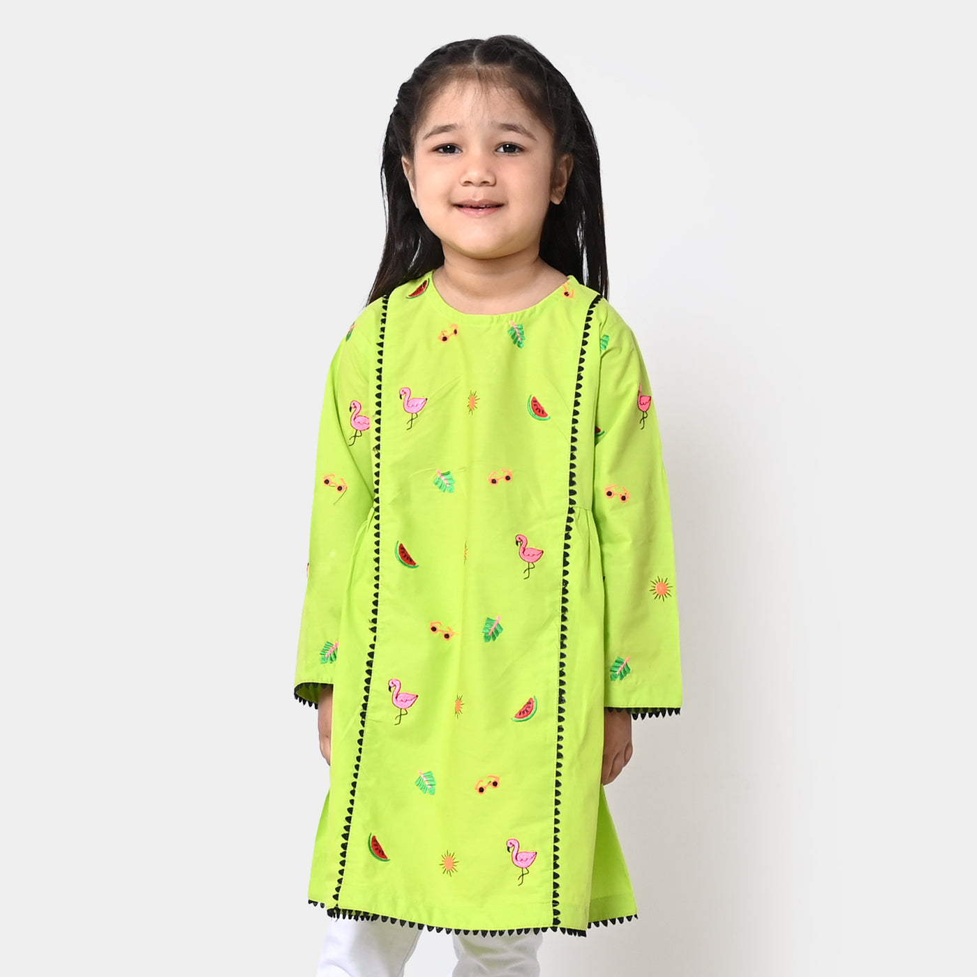 Girls Cotton Embroidered Kurti Trendy - Green