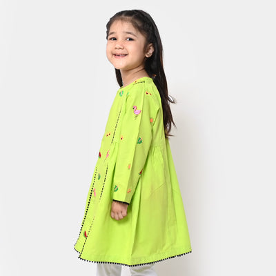 Girls Cotton Embroidered Kurti Trendy - Green