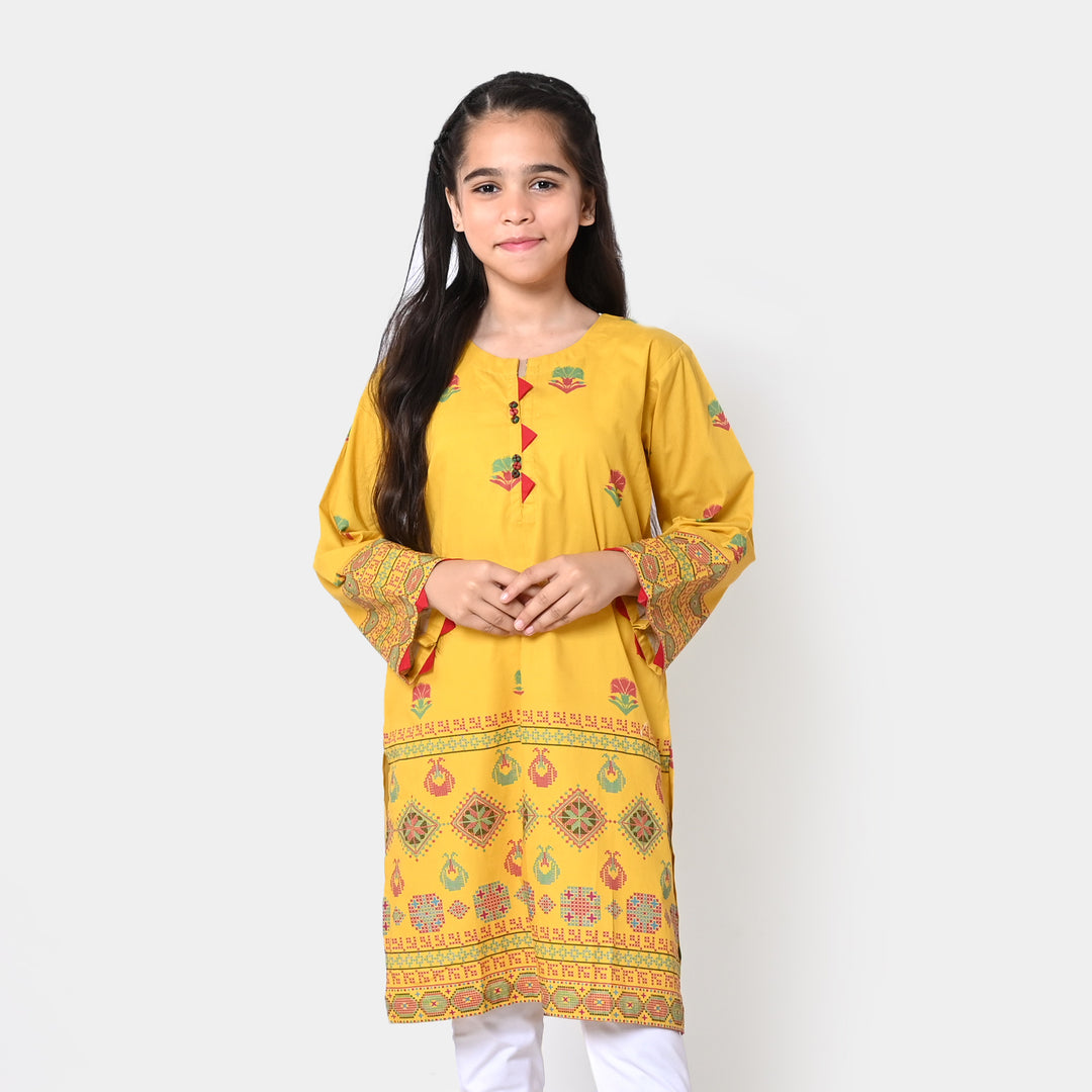 Girls Cotton Digital Print Kurti Flower Maze - Yellow