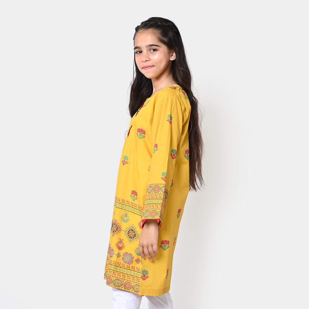 Girls Cotton Digital Print Kurti Flower Maze - Yellow