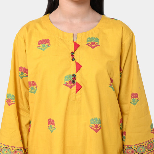 Girls Cotton Digital Print Kurti Flower Maze - Yellow