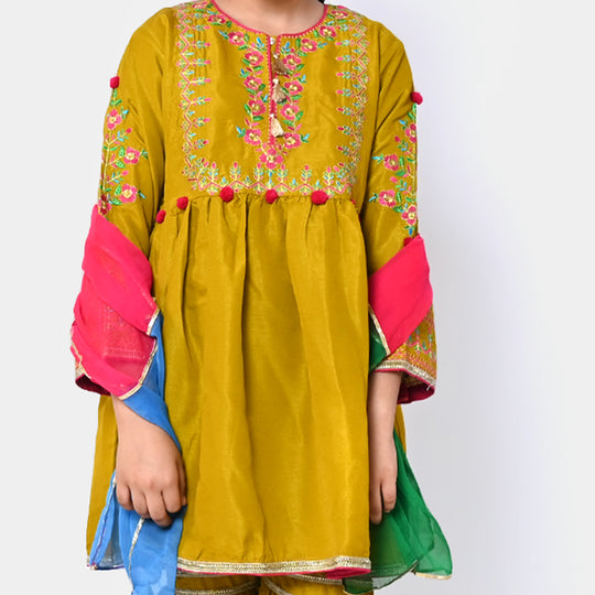 Girls 3 PCs Fancy Suit Mehfil -Mustard