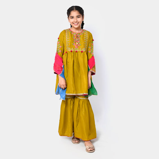 Girls 3 PCs Fancy Suit Mehfil -Mustard