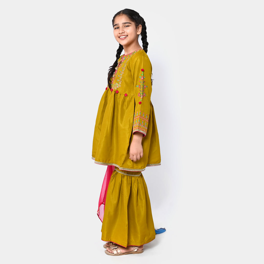 Girls 3 PCs Fancy Suit Mehfil -Mustard