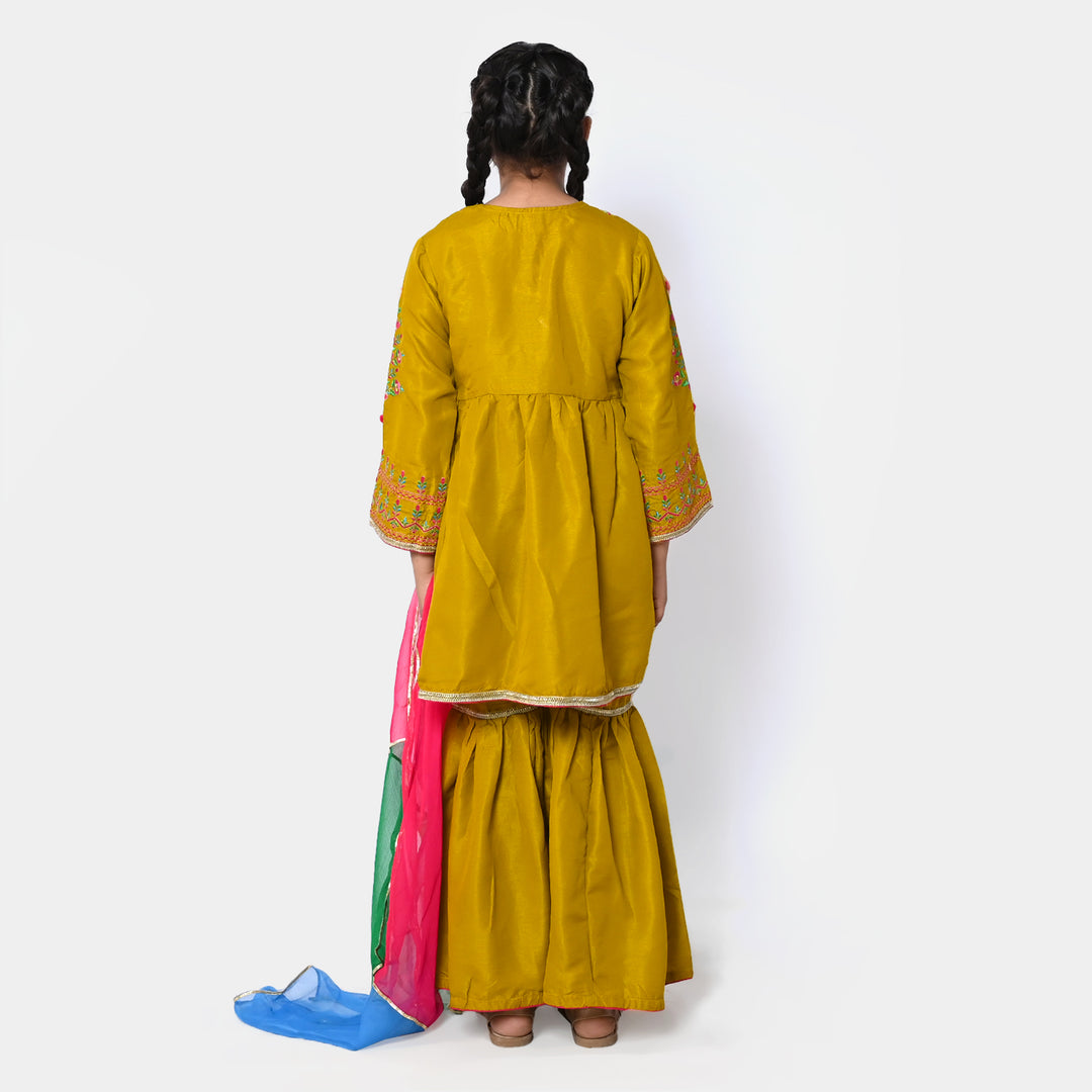 Girls 3 PCs Fancy Suit Mehfil -Mustard