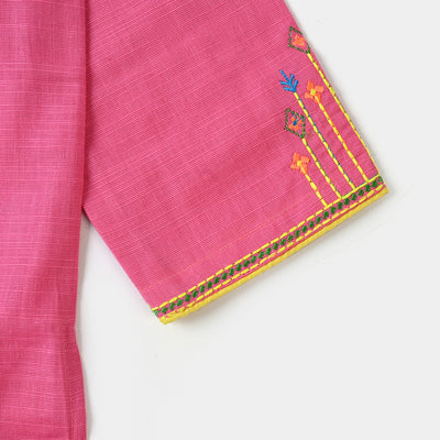 Girls Cotton Embroidered Kurti Highlights  - Hot Pink