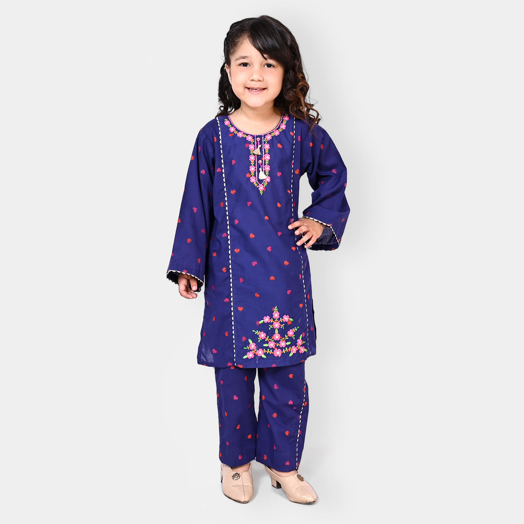 Girls Jacquard 2 Pcs Suit Heart To Heart - Navy