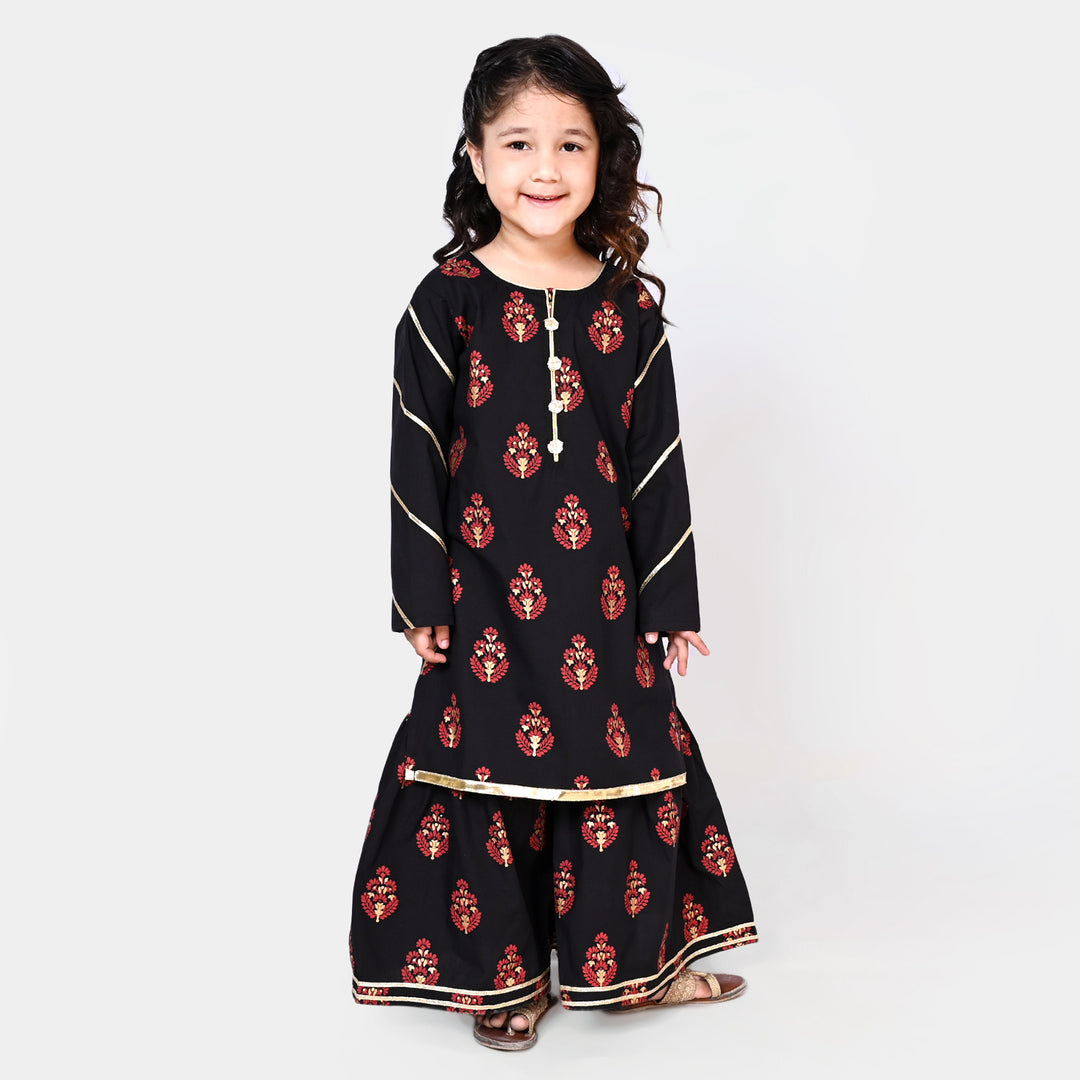 Girls Printed Fancy 2 PCs Bahar Suit - Black