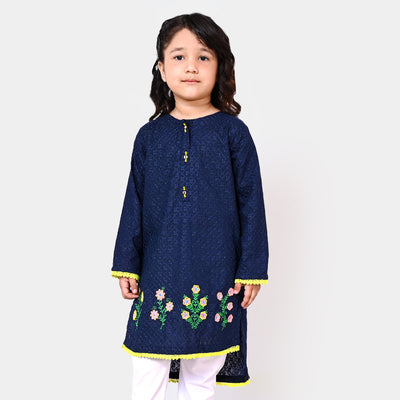 Girls Chicken Embroidered Cotton Kurti Flowers - Navy