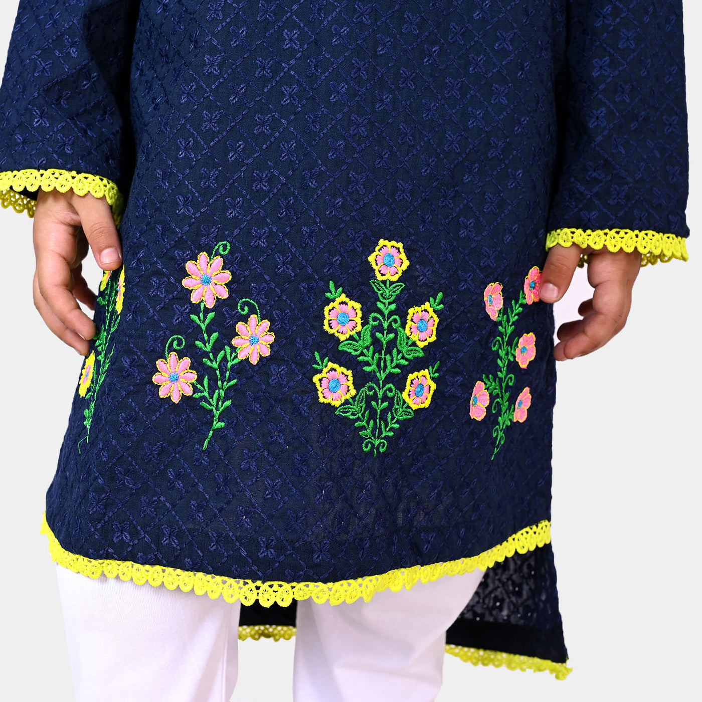 Girls Chicken Embroidered Cotton Kurti Flowers - Navy