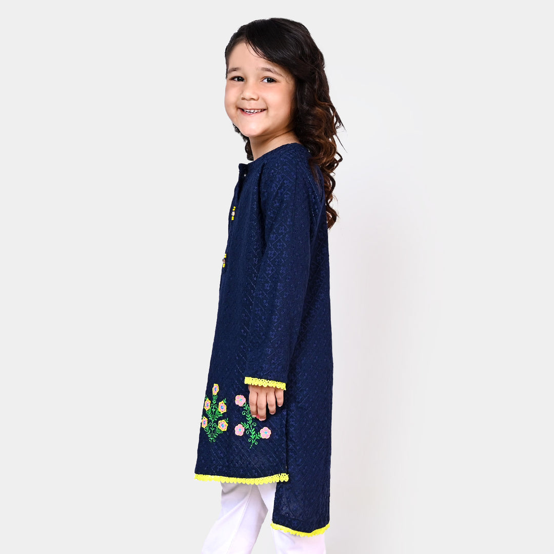 Girls Chicken Embroidered Cotton Kurti Flowers - Navy