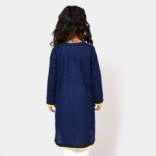 Girls Chicken Embroidered Cotton Kurti Flowers - Navy