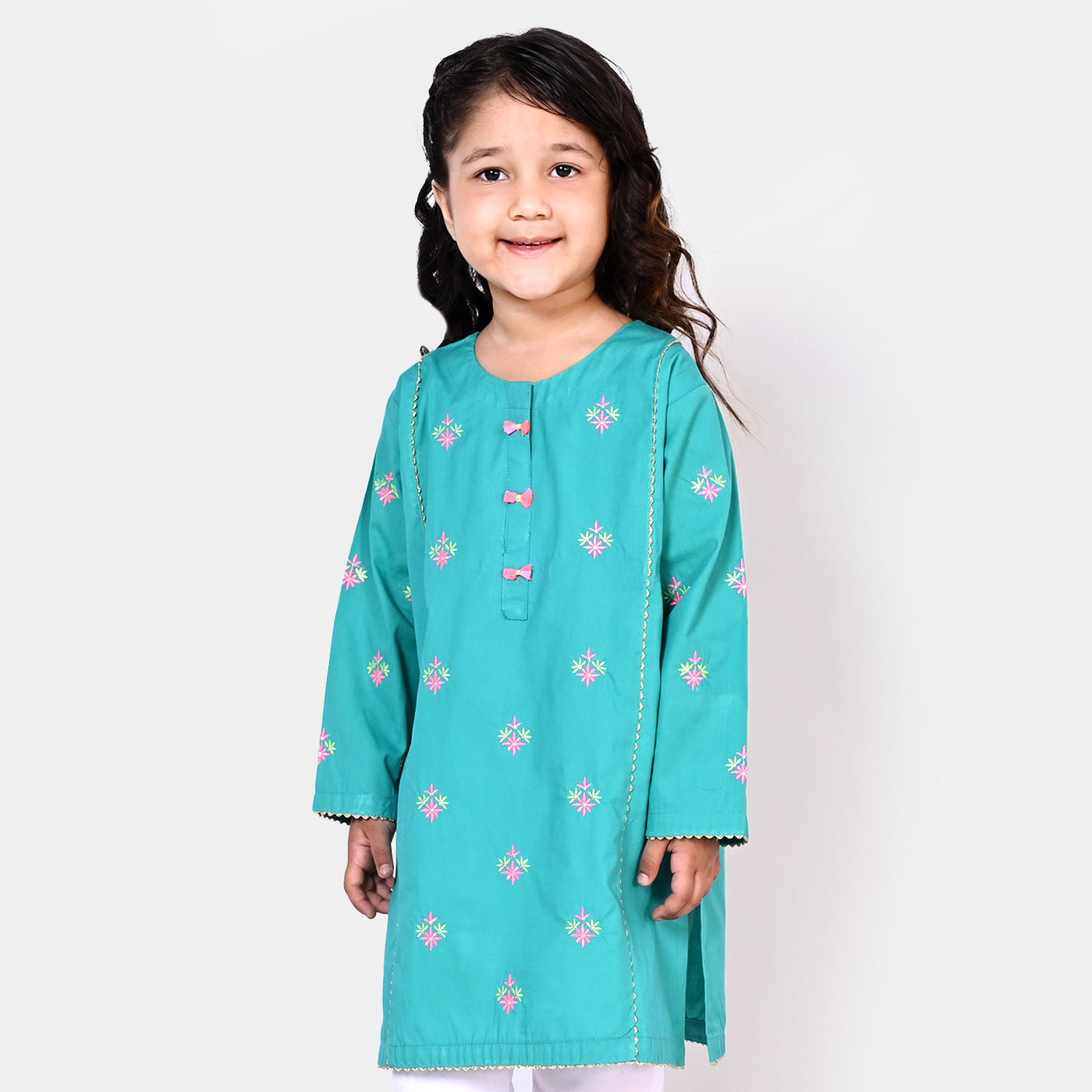 Girls Cotton EMB Kurti Flower Gate - Aqua Green