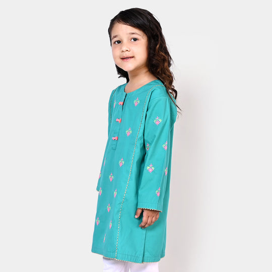 Girls Cotton EMB Kurti Flower Gate - Aqua Green