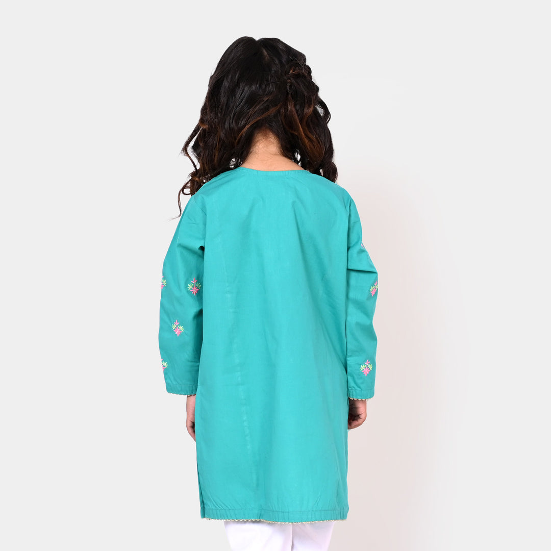 Girls Cotton EMB Kurti Flower Gate - Aqua Green