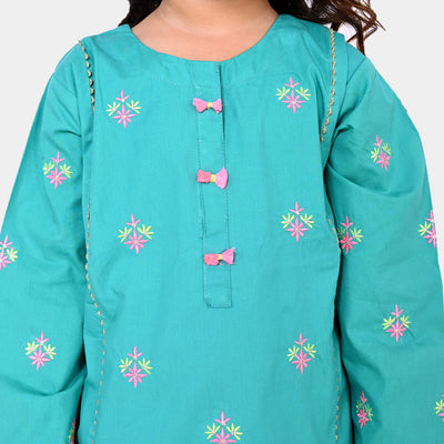 Girls Cotton EMB Kurti Flower Gate - Aqua Green