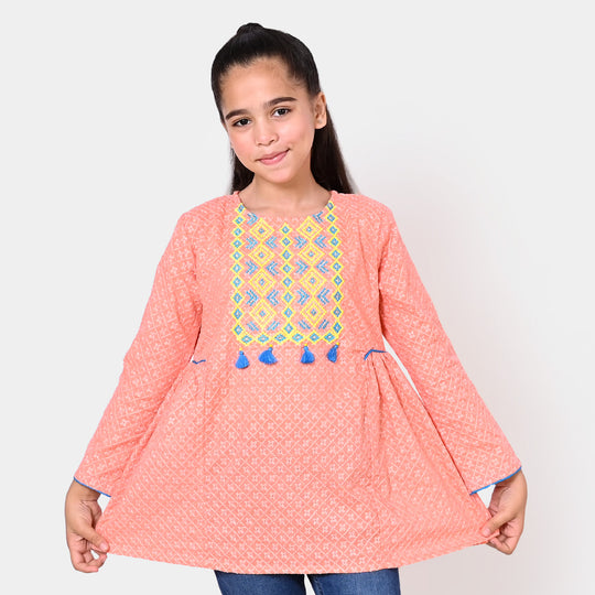 Girls Cotton Chicken Embroidered Top - Peach