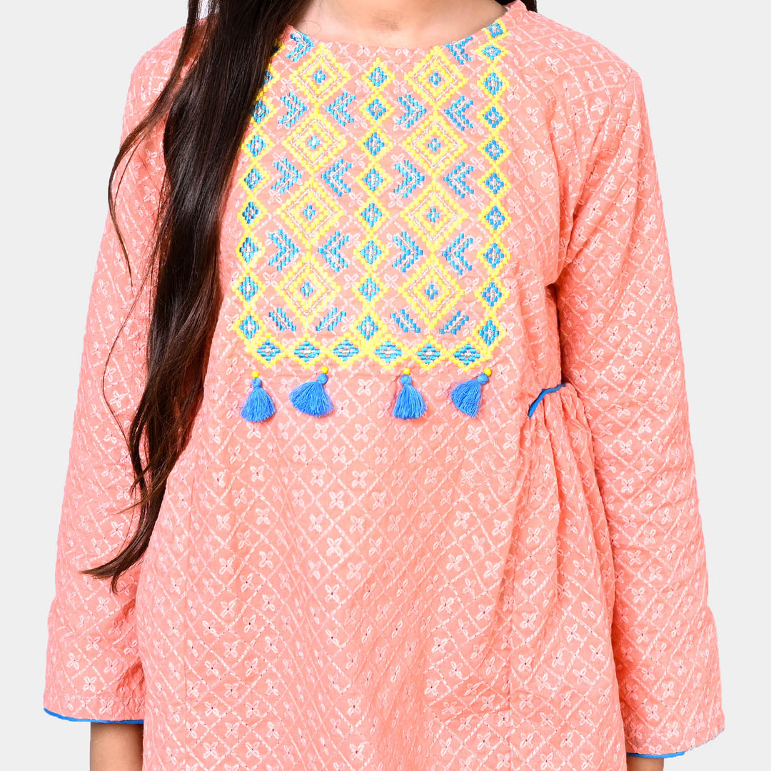 Girls Cotton Chicken Embroidered Top - Peach