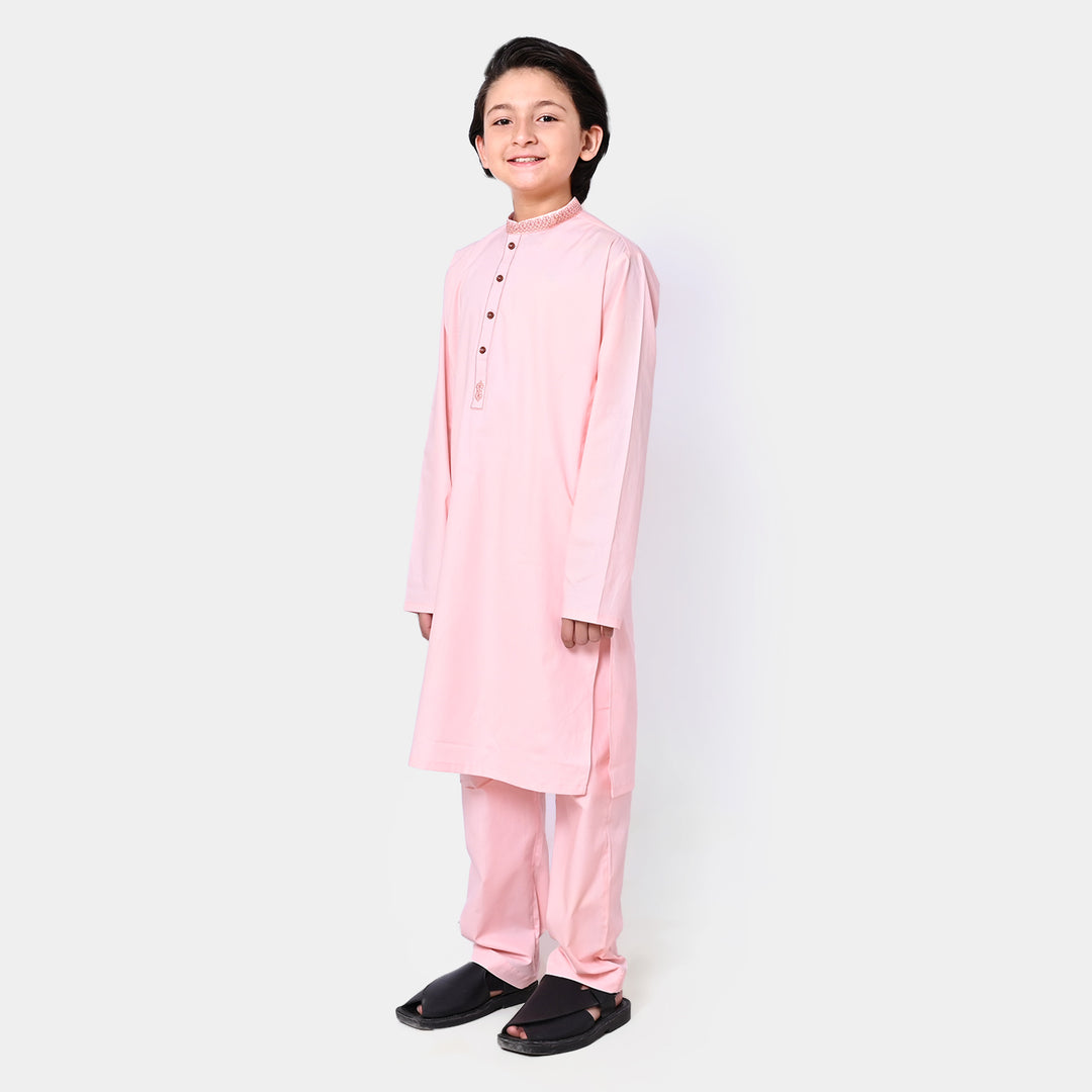 Boys Cotton Embroidered Kurta Pajama - L Peach