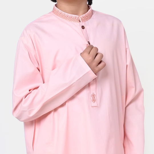 Boys Cotton Embroidered Kurta Pajama - L Peach