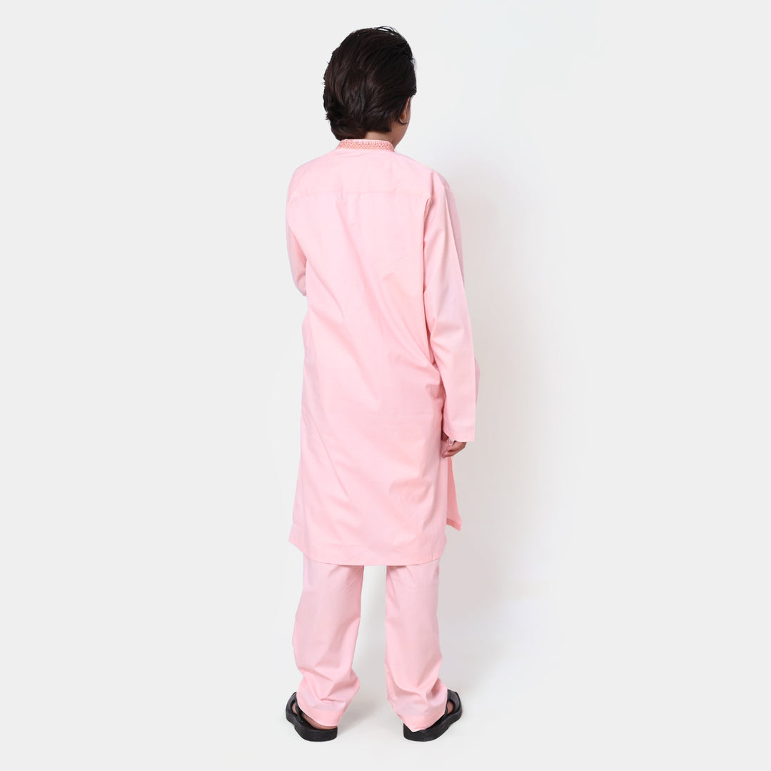 Boys Cotton Embroidered Kurta Pajama - L Peach