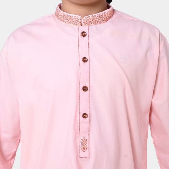 Boys Cotton Embroidered Kurta Pajama - L Peach