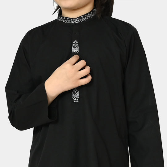 Boys Cotton Embroidered Kurta - Black