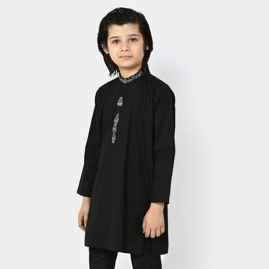 Boys Cotton Embroidered Kurta - Black