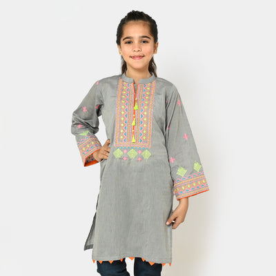 Girls Cotton Embroidered Kurti Delight | GREY