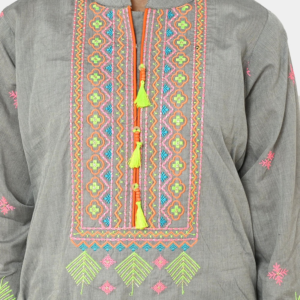 Girls Cotton Embroidered Kurti Delight | GREY