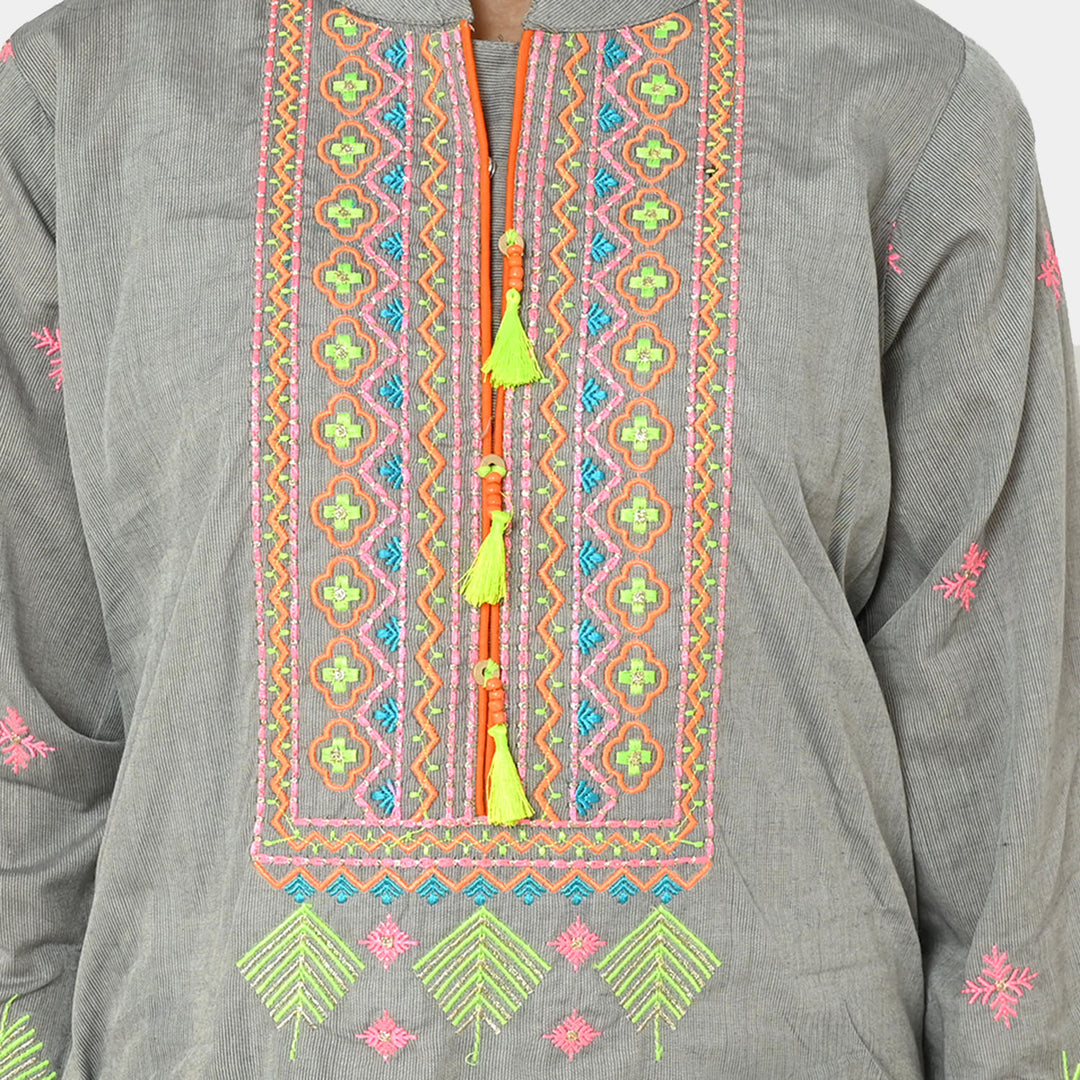 Girls Cotton Embroidered Kurti Delight | GREY