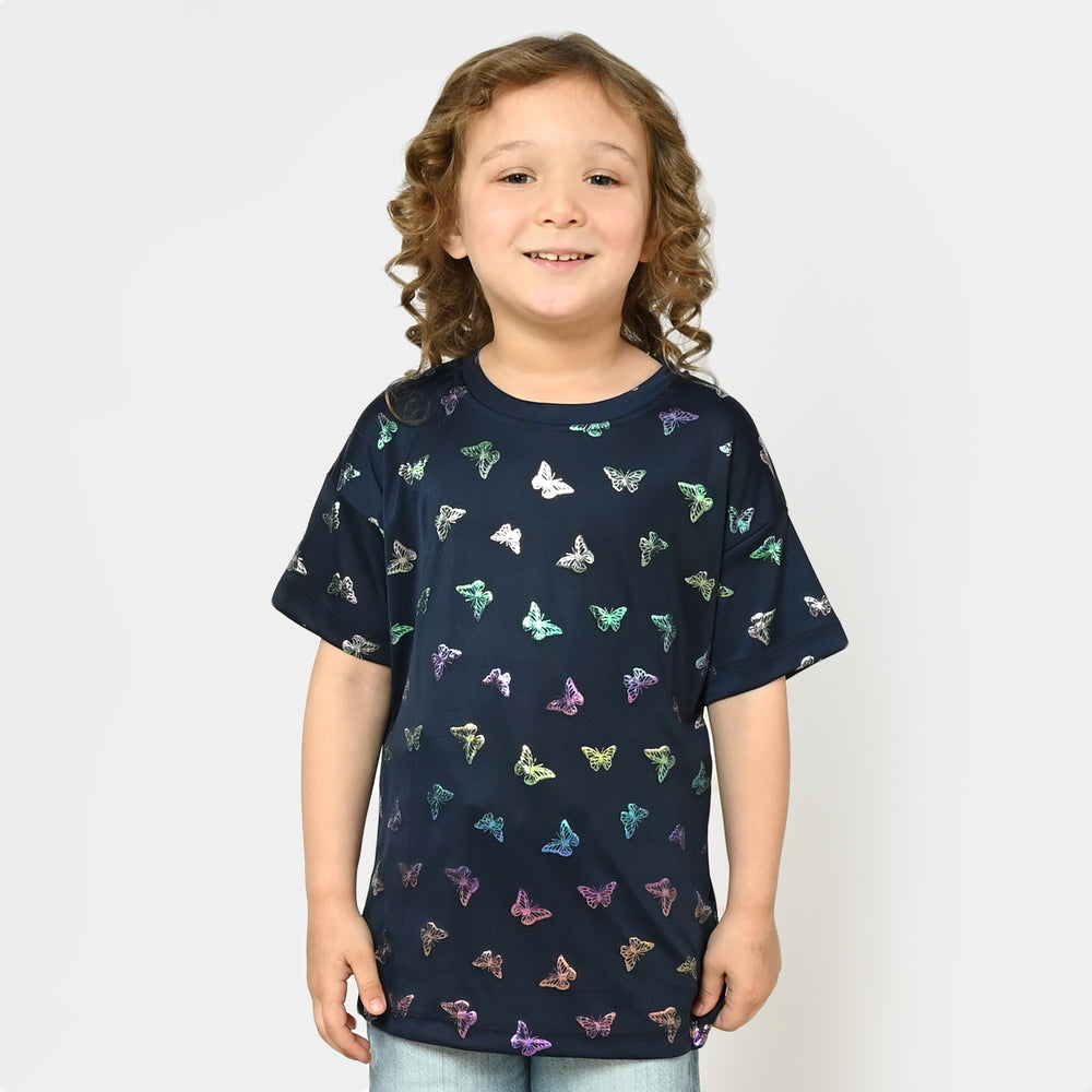 Girls Cotton T-Shirt Butterfly All Over - Navy