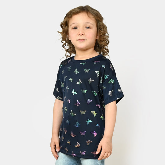 Girls Cotton T-Shirt Butterfly All Over - Navy