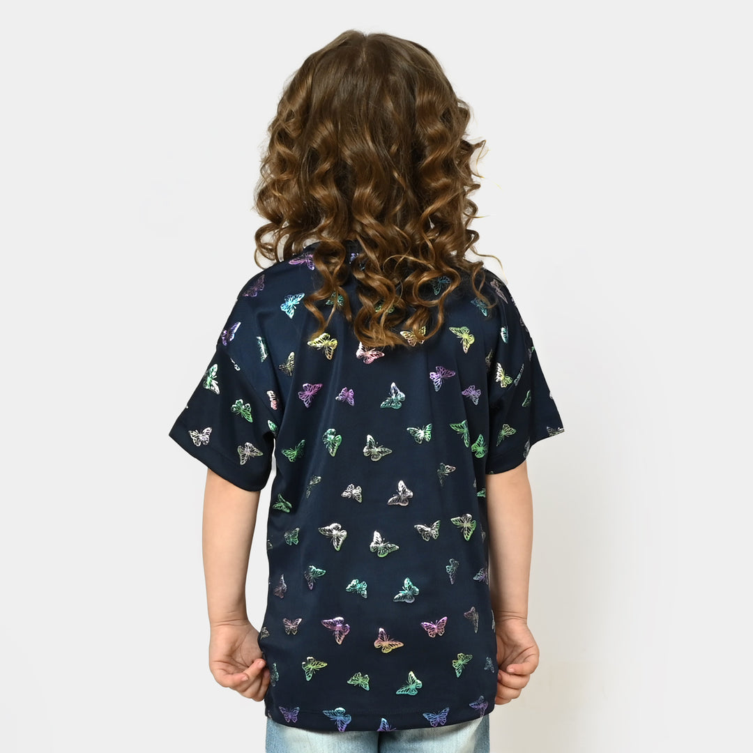 Girls Cotton T-Shirt Butterfly All Over - Navy