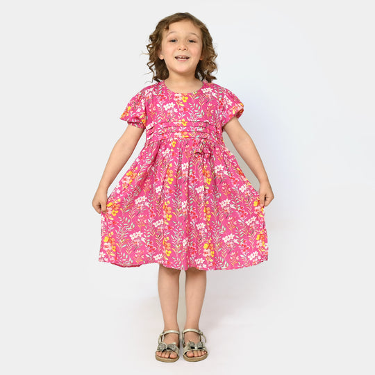 Girls Cotton Casual Frock - Hot Pink