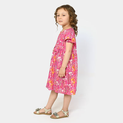 Girls Cotton Casual Frock - Hot Pink