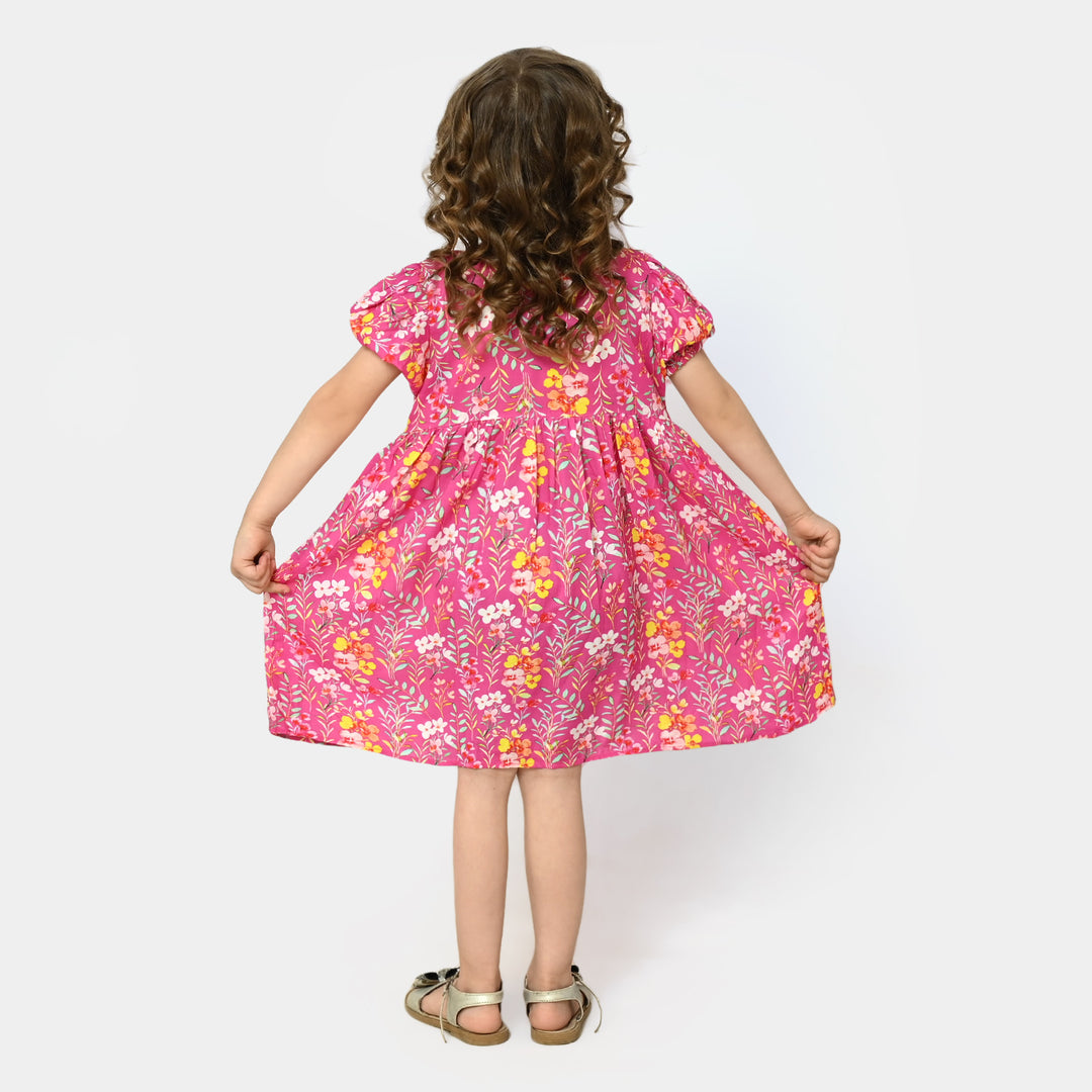 Girls Cotton Casual Frock - Hot Pink