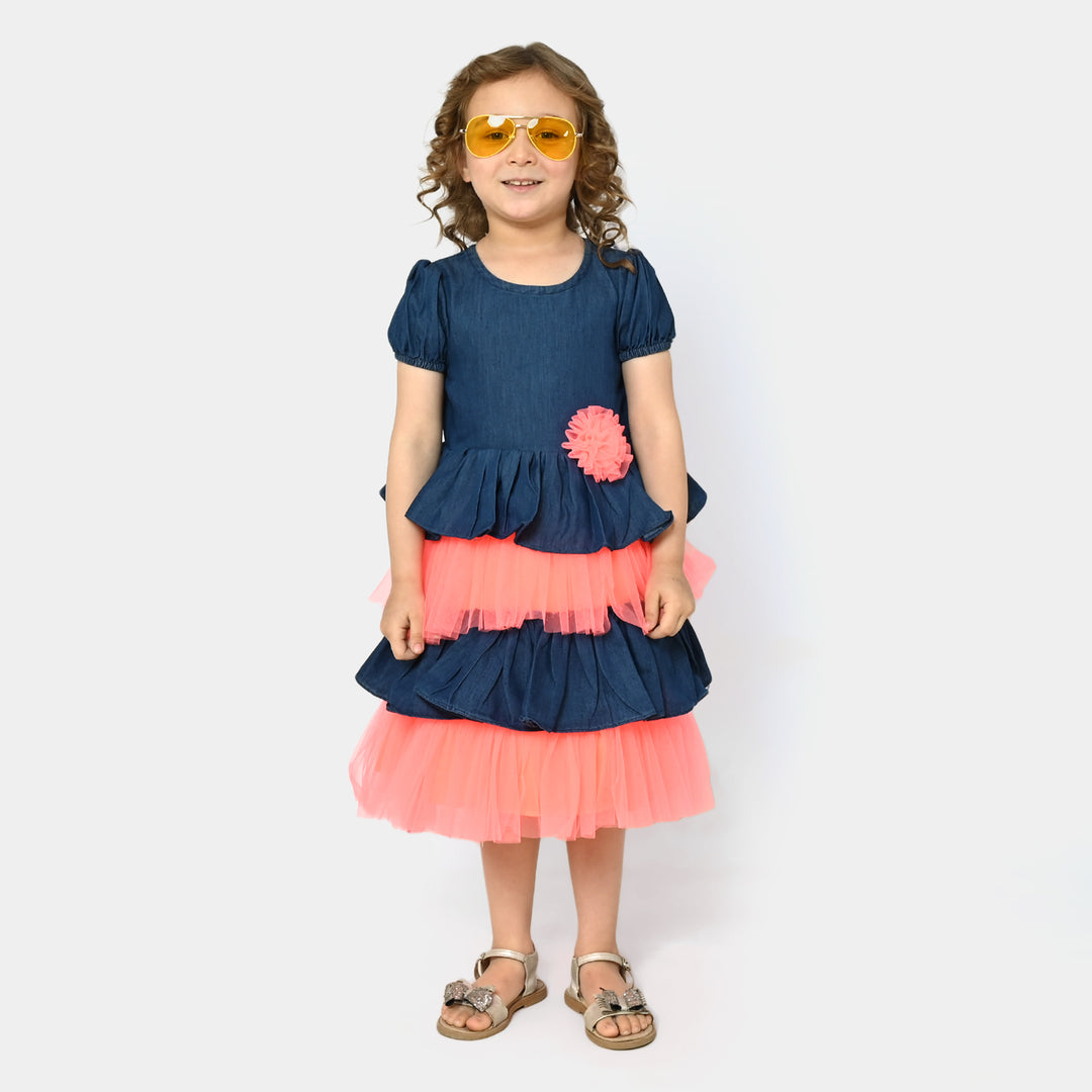 Girls Fancy Frock Denim Neon - Neon Orange