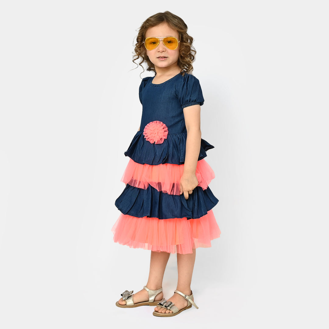 Girls Fancy Frock Denim Neon - Neon Orange