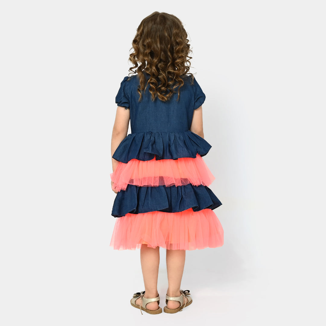 Girls Fancy Frock Denim Neon - Neon Orange