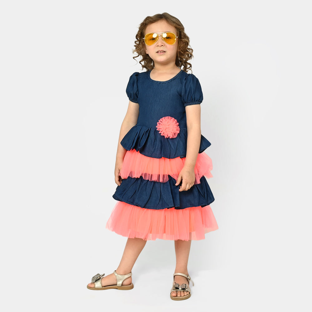 Girls Fancy Frock Denim Neon - Neon Orange