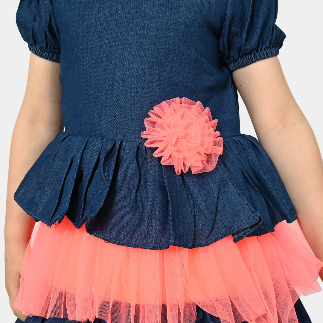 Girls Fancy Frock Denim Neon - Neon Orange