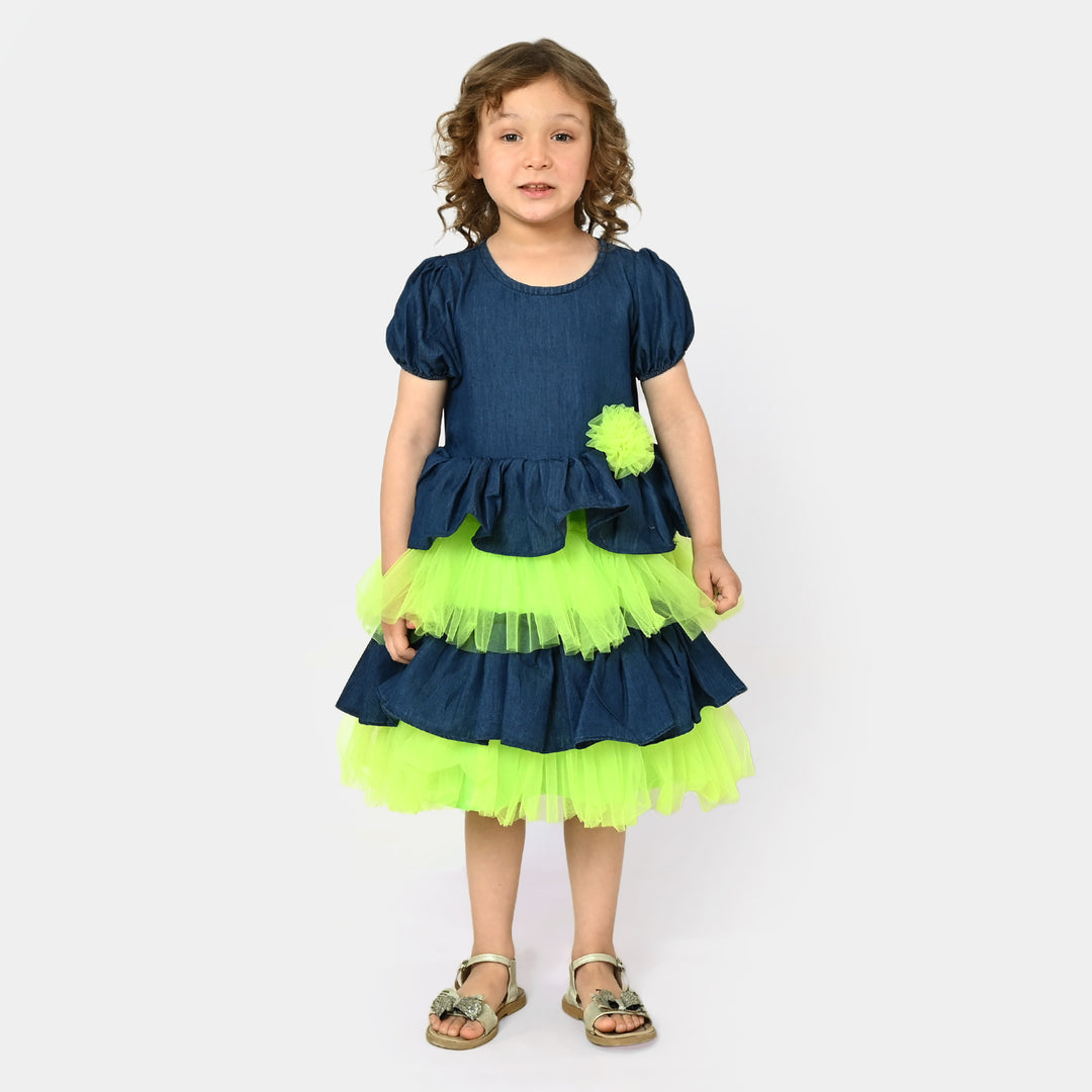 Girls Fancy Frock Denim Neon - Neon Green