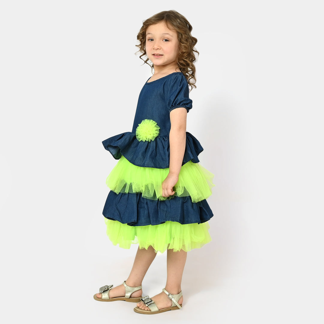 Girls Fancy Frock Denim Neon - Neon Green