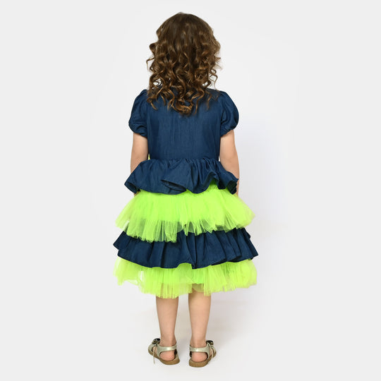 Girls Fancy Frock Denim Neon - Neon Green