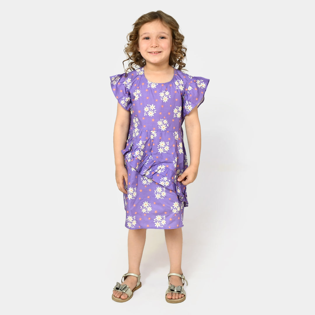 Girls Cotton Casual Frock - Purple