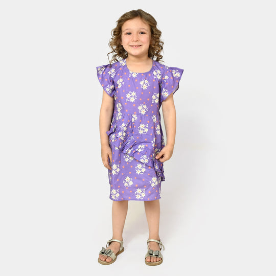 Girls Cotton Casual Frock - Purple